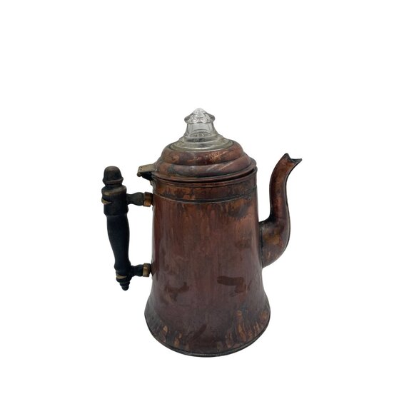 Antique Copper Coffee Pot With Glass Lid & Wooden Handle - Picture 1 of 6